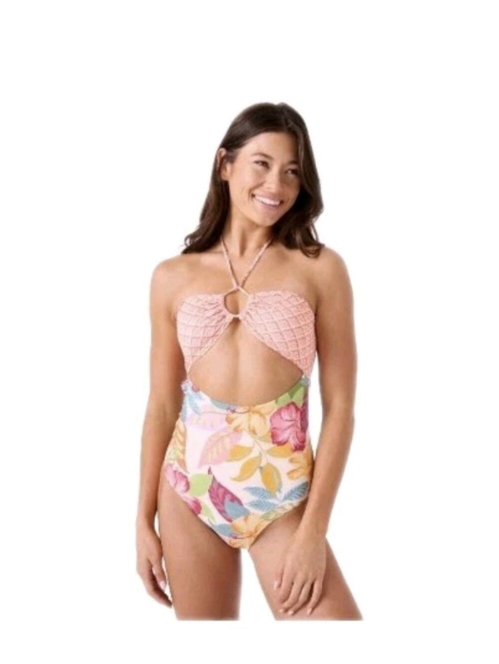 Roxy Hot Tropics Peek A Boo One Piece Swimsuit XS White Multi NWT